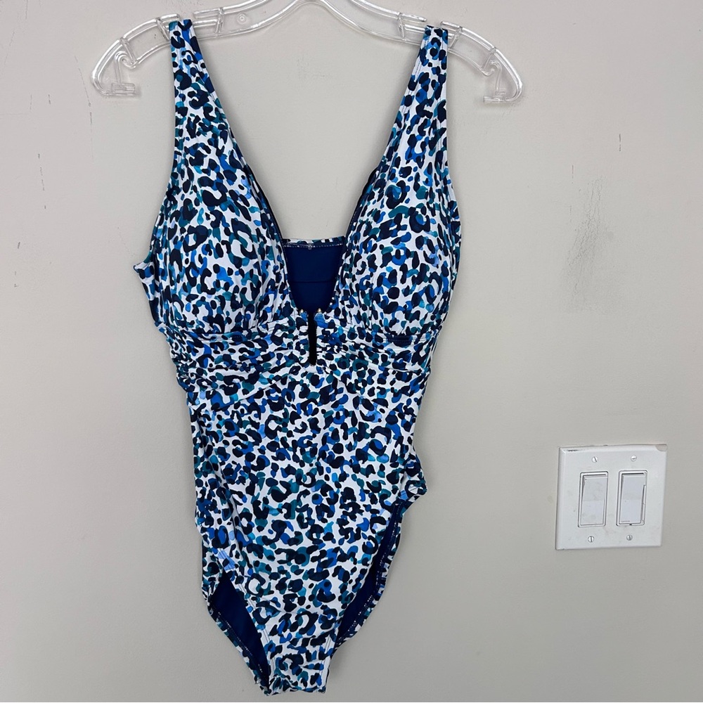 NWT Blue Rod Beattie Women's One Piece Bathing Suit Blue Leopard Print Size 12